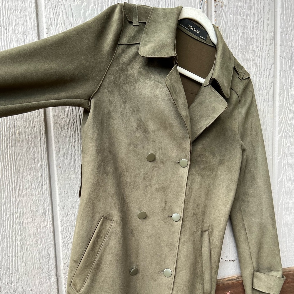 Zara Basic full length faux suede army green button up collared trench coat - Picture 8 of 15